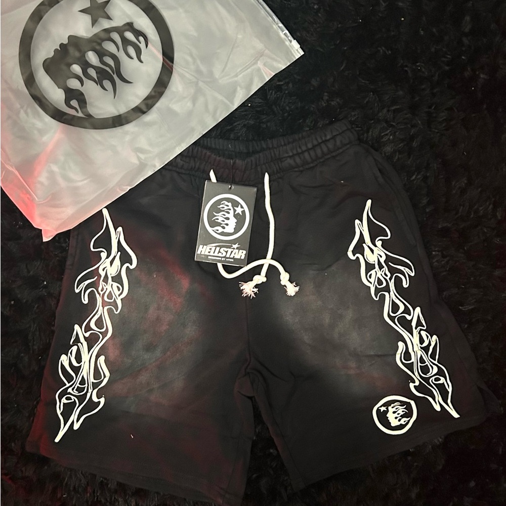 Hellstar Black Shorts with White Flame Design